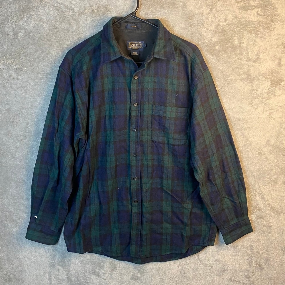 Pendleton Lodge Shirt L Black Watch Tartan Plaid Long Sleeve USA Fabric